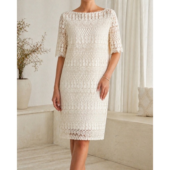 Tiana B. Dresses & Skirts - Tiana B Lace Sheath Dress Womens 16 Ivory Excellent Short Sleeve Boat Neck